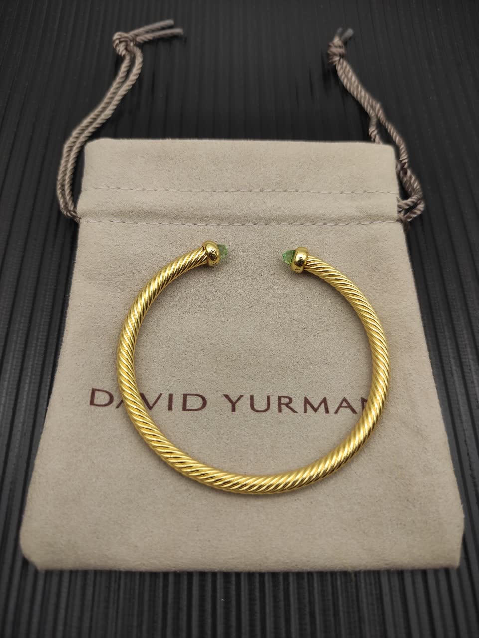 David Yurman Gold Tone Wire Bangle Bracelet with Green Stones